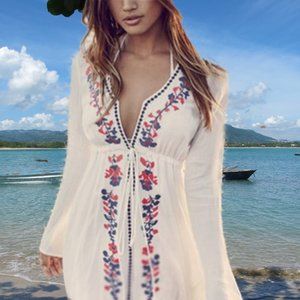 Beach Cover-up Embroidery Cotton Women Kaftan